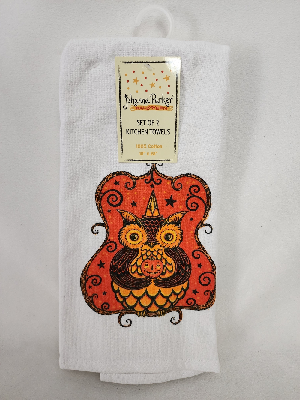Johanna Parker Halloween White Kitchen Towel with Orange Owl Design